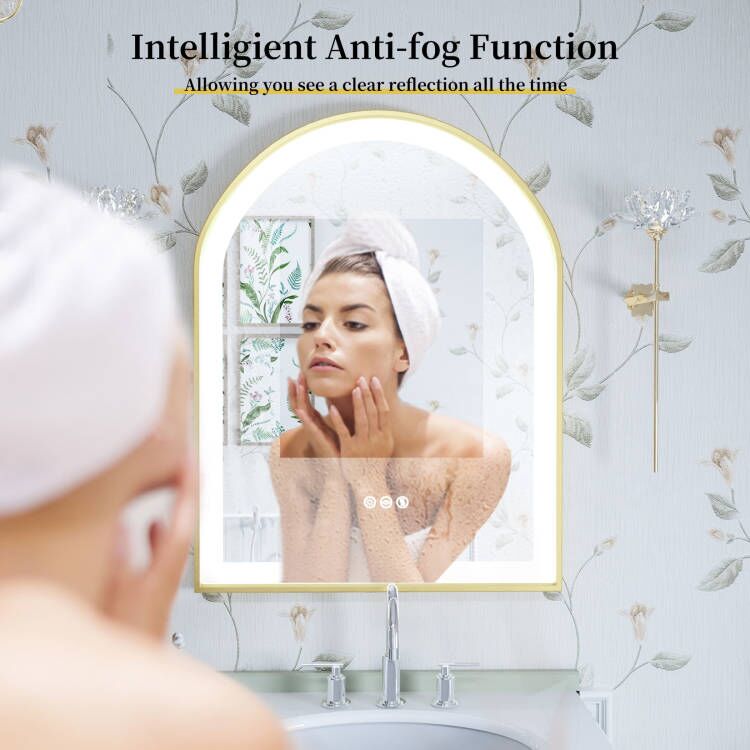 LUVODI Arched LED Bathroom Mirror with Gold Aluminum Alloy Narrow Frame Defogging 3 Color
