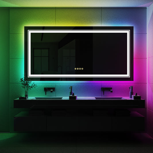 LUVODI Rectangular LED Bathroom Mirror with 8 RGB Backlit 3 Front Light Color Smart Defogging Touch