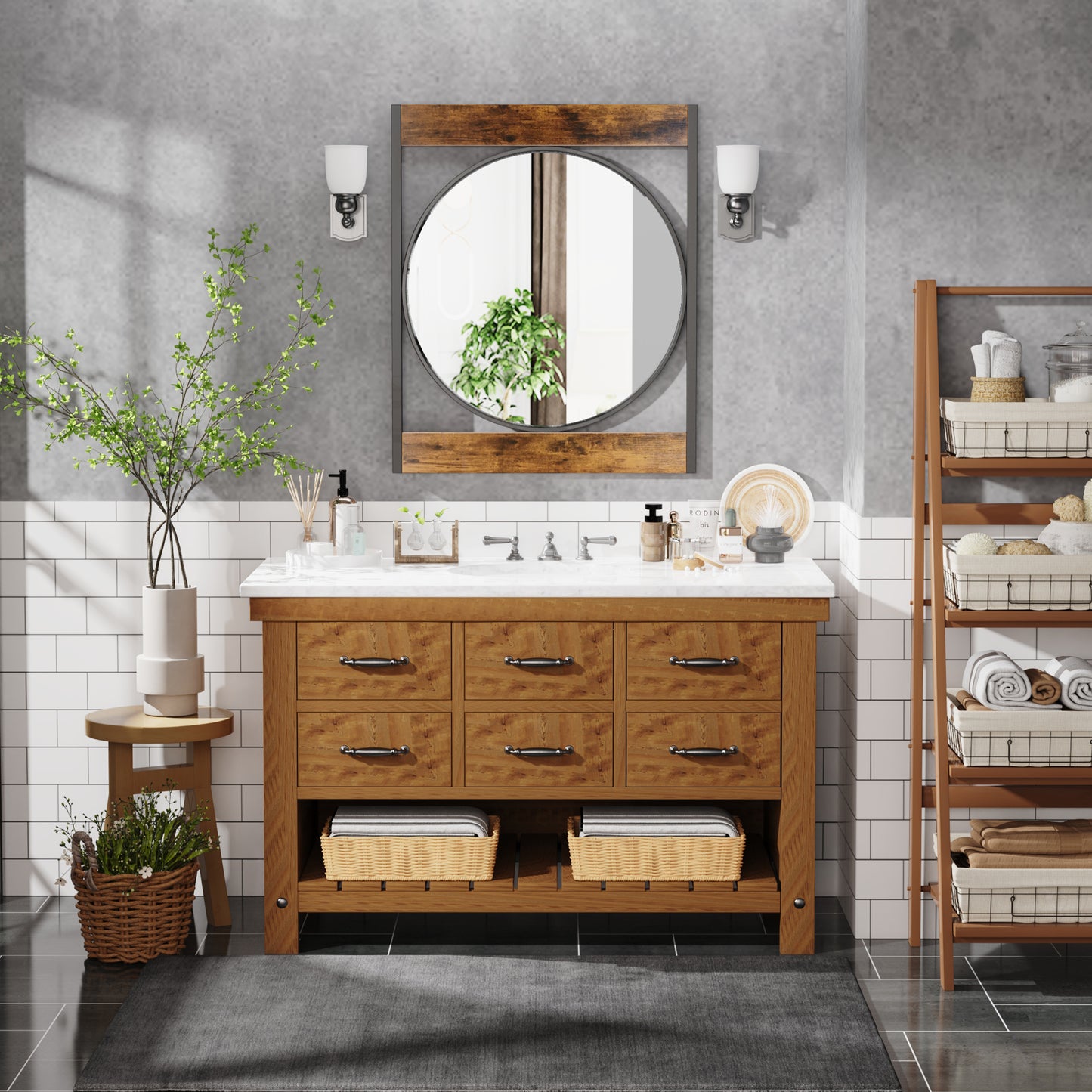 Industrial Retro Metal Round Wall Mirror with Square Wood Frame