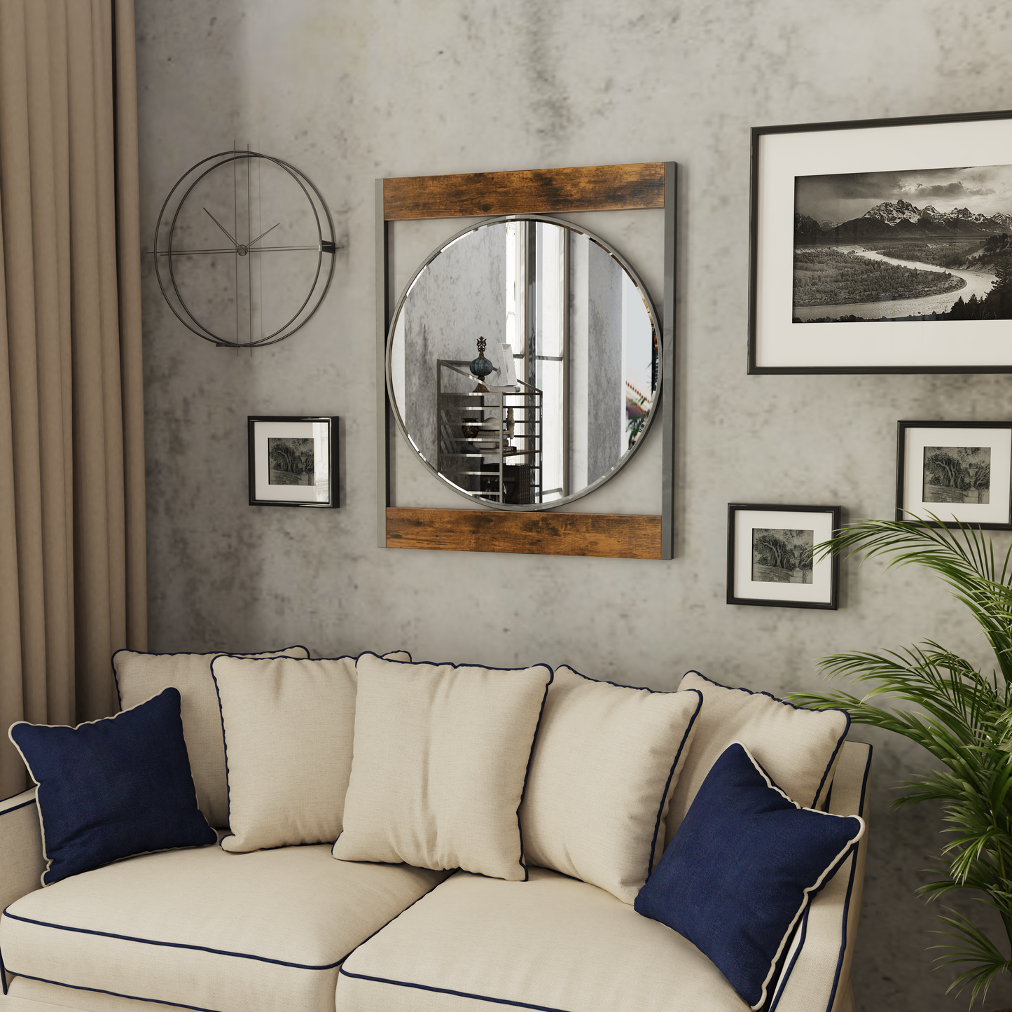Industrial Retro Metal Round Wall Mirror with Square Wood Frame