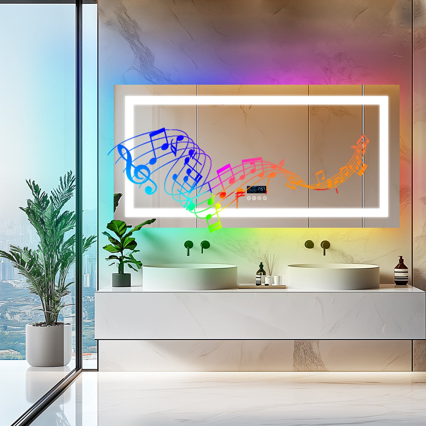 LUVODI Rectangular Bluetooth Bathroom Mirror with RGB Backlit, Smart Display Horizontal Hanging