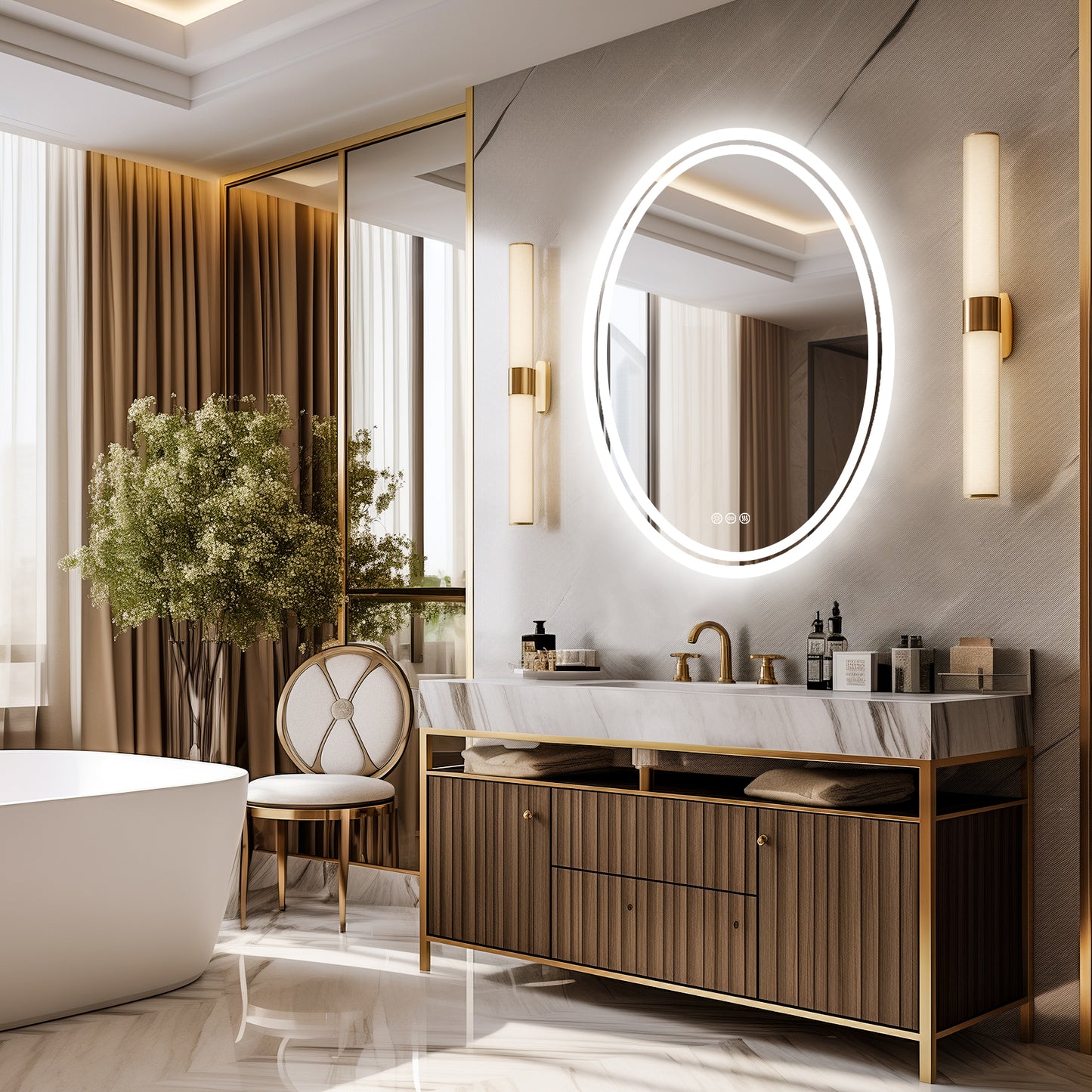 LUVODI Oval Illuminated Bathroom Mirror 3 Colors Defogging Smart Mirror(Glowing Outer Edge)