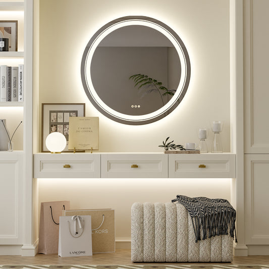 LUVODI Round LED Bathroom Mirror Anti-fog 3 Color Makeup Shaving Mirror