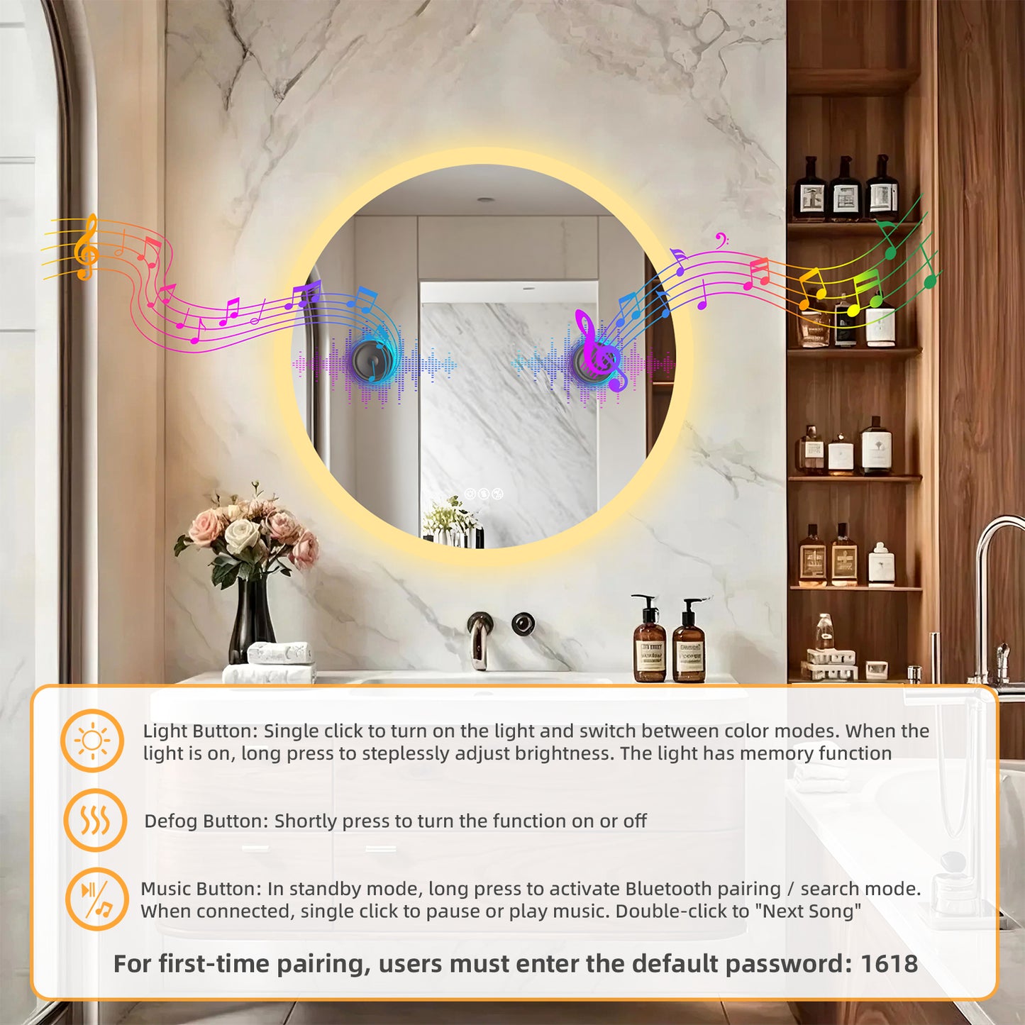 LUVODI Round Bluetooth Bathroom Mirror with Speaker, No Display 31.5 in
