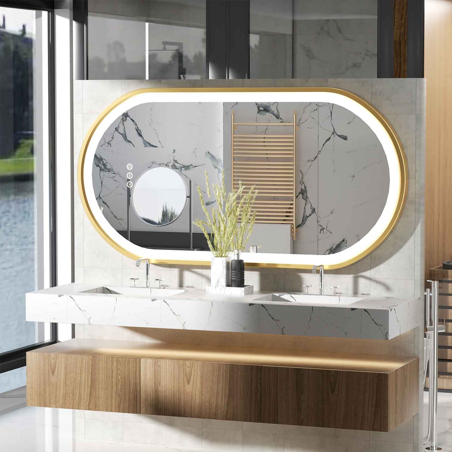 LUVODI Capsule Shape LED Bathroom Mirror with Gold Aluminum Alloy Narrow Frame Defogging 3 Color