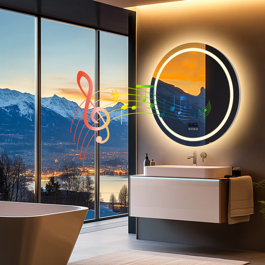 LUVODI Round LED Bluetooth Bathroom Mirror with Smart Display 80x80cm