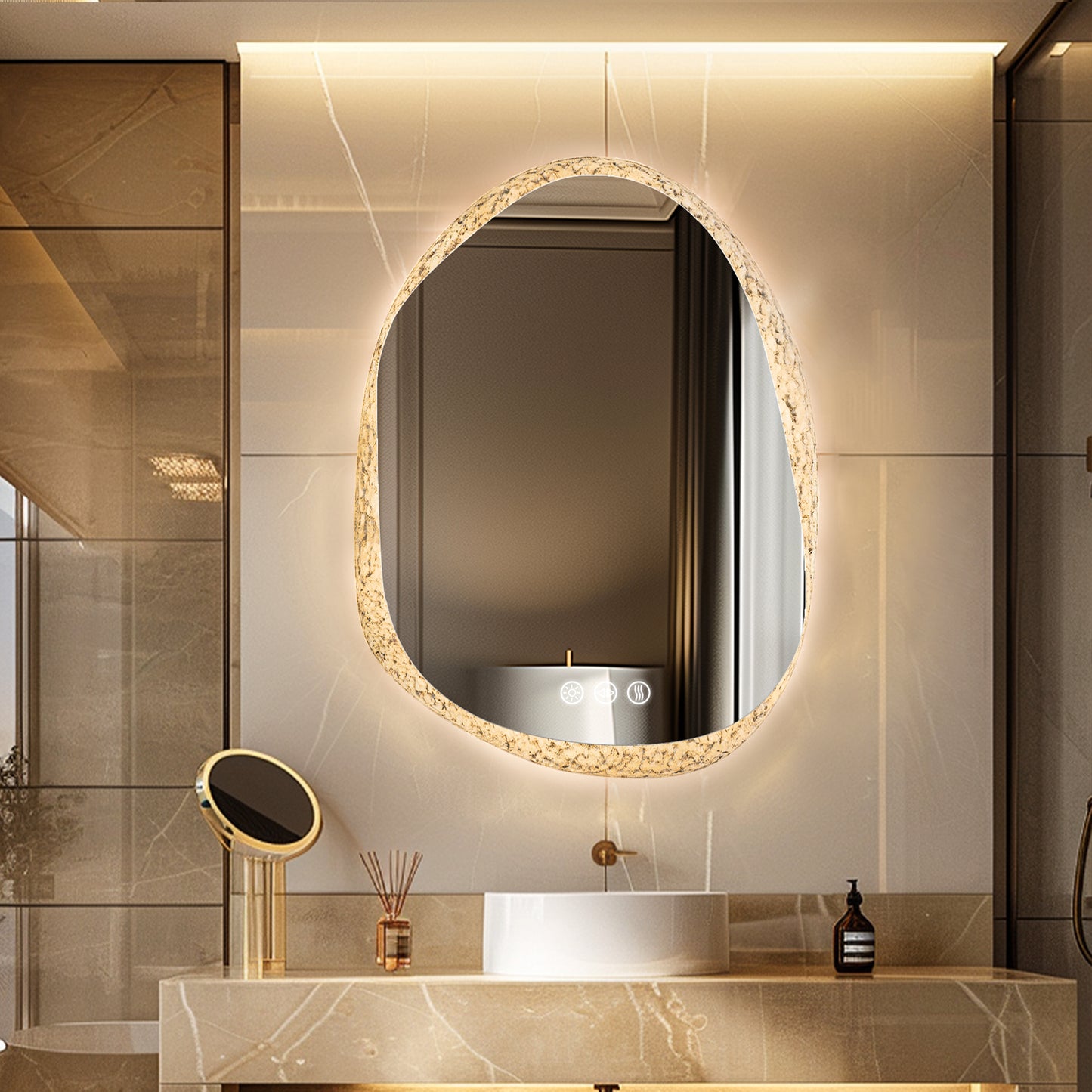 LUVODI Irregular Crystal Glass Wall Lighted Bathroom Mirror with Backlit Dimmable LED Vanity Mirror