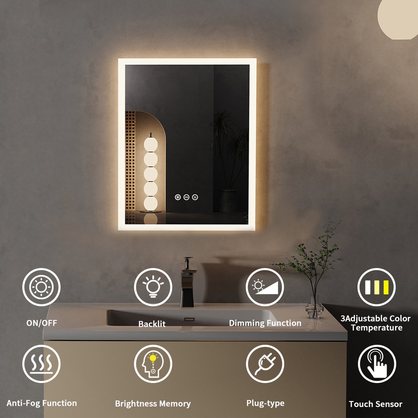 LUVODI 40x50cm Vertical Rectangular Bathroom Mirror with Anti-Fog 3 Lighting Modes Memory Function