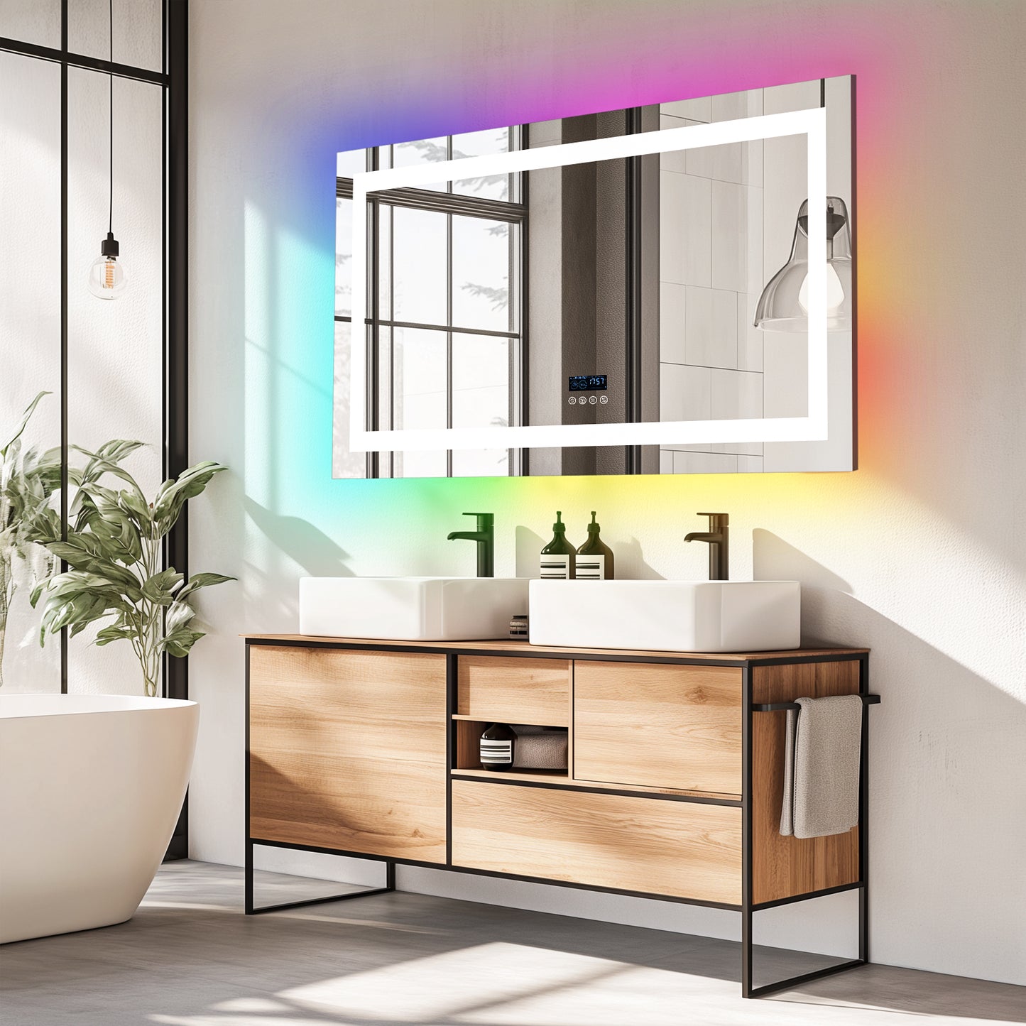 LUVODI Rectangular Bluetooth Bathroom Mirror with RGB Backlit, Smart Display Horizontal Hanging