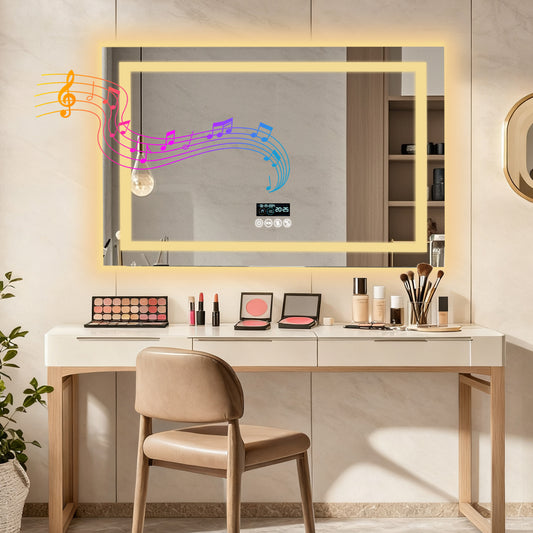 LUVODI LED Bathroom Mirror with Bluetooth Speaker, Rectangular Smart Vanity Mirror