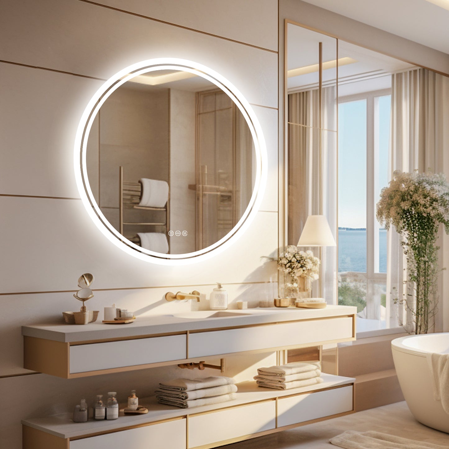 LUVODI Round Illuminated Bathroom Mirror 3 Colors Defogging Smart Mirror(Glowing Outer Edge)