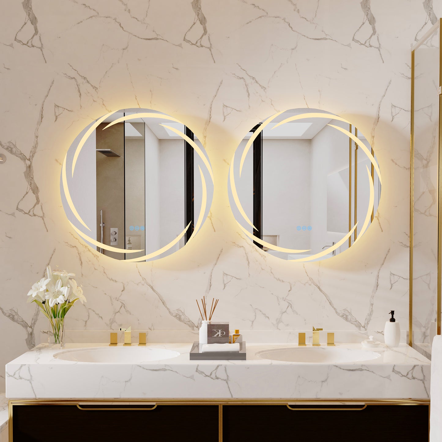 LUVODI Round LED Bathroom Mirror Dimmable Lighting 3 Colors Defogging Memory Function( Swirl style)