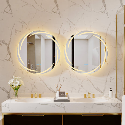 LUVODI Round LED Bathroom Mirror Dimmable Lighting 3 Colors Defogging Memory Function( Swirl style)
