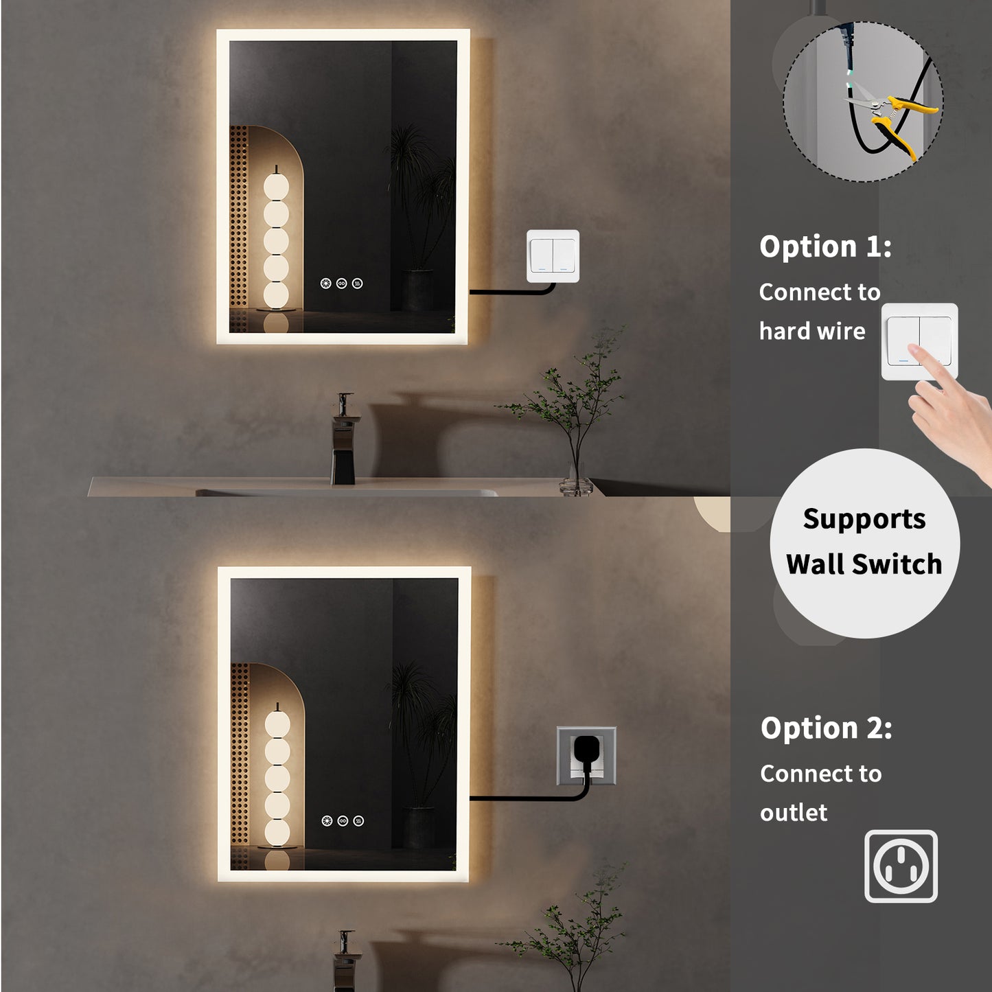 LUVODI 40x50cm Vertical Rectangular Bathroom Mirror with Anti-Fog 3 Lighting Modes Memory Function