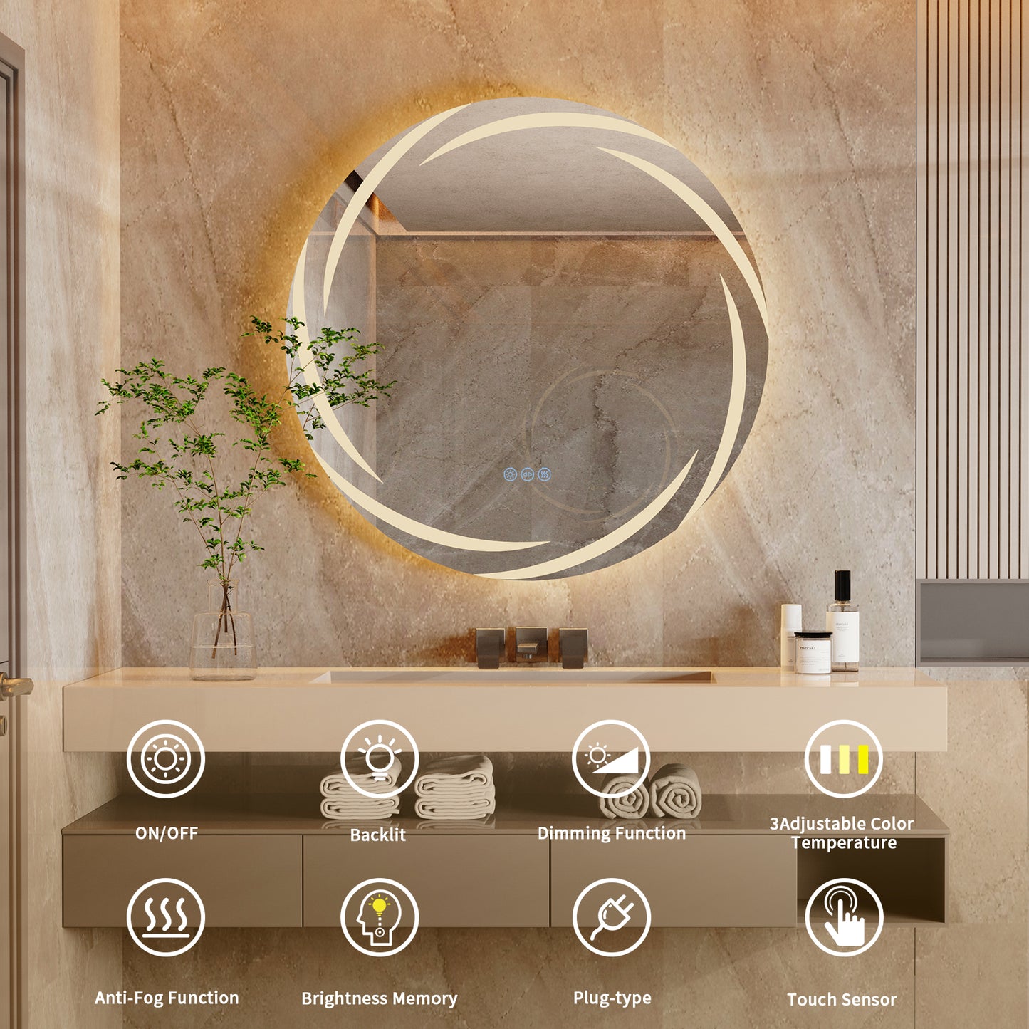 LUVODI Round LED Bathroom Mirror Dimmable Lighting 3 Colors Defogging Memory Function( Swirl style)