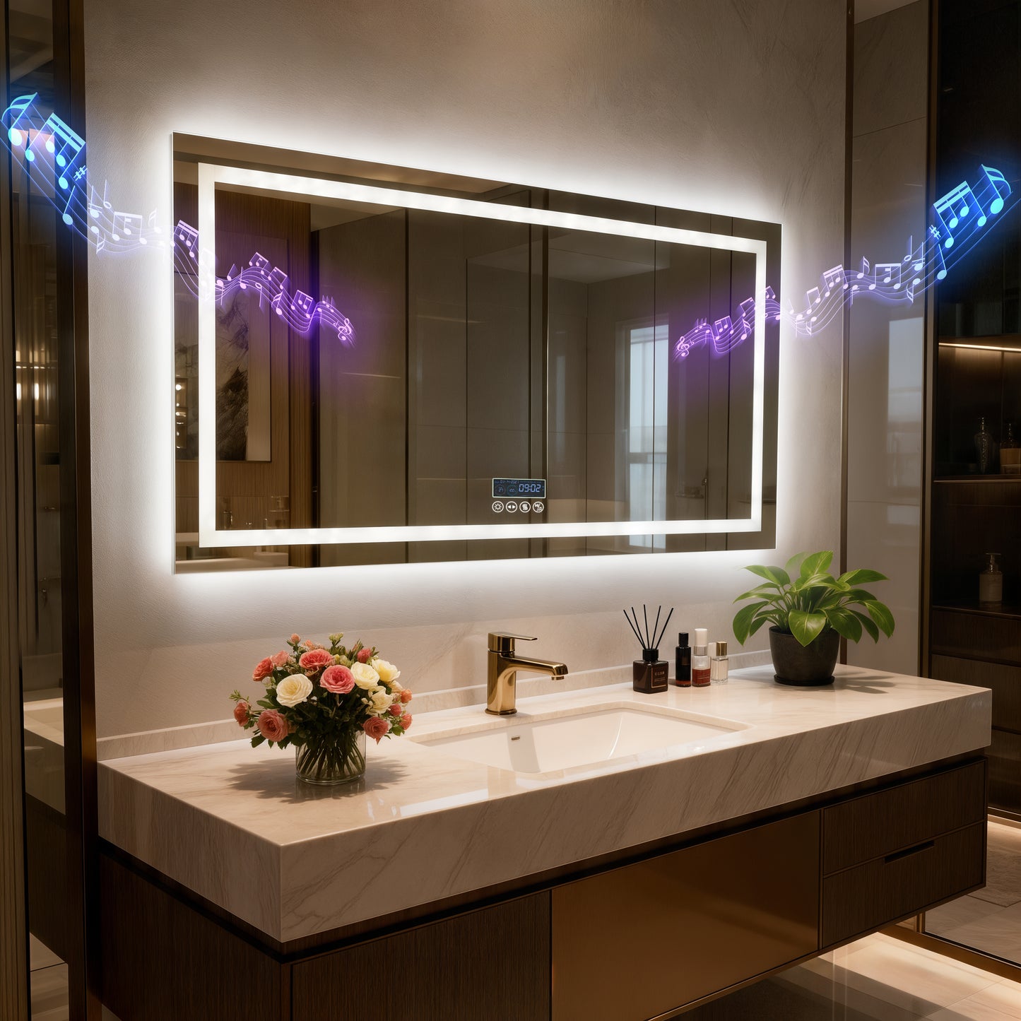 LUVODI LED Bathroom Mirror with Bluetooth Speaker & Screen Display, Tempered Glass Anti Fog Vanity Mirror