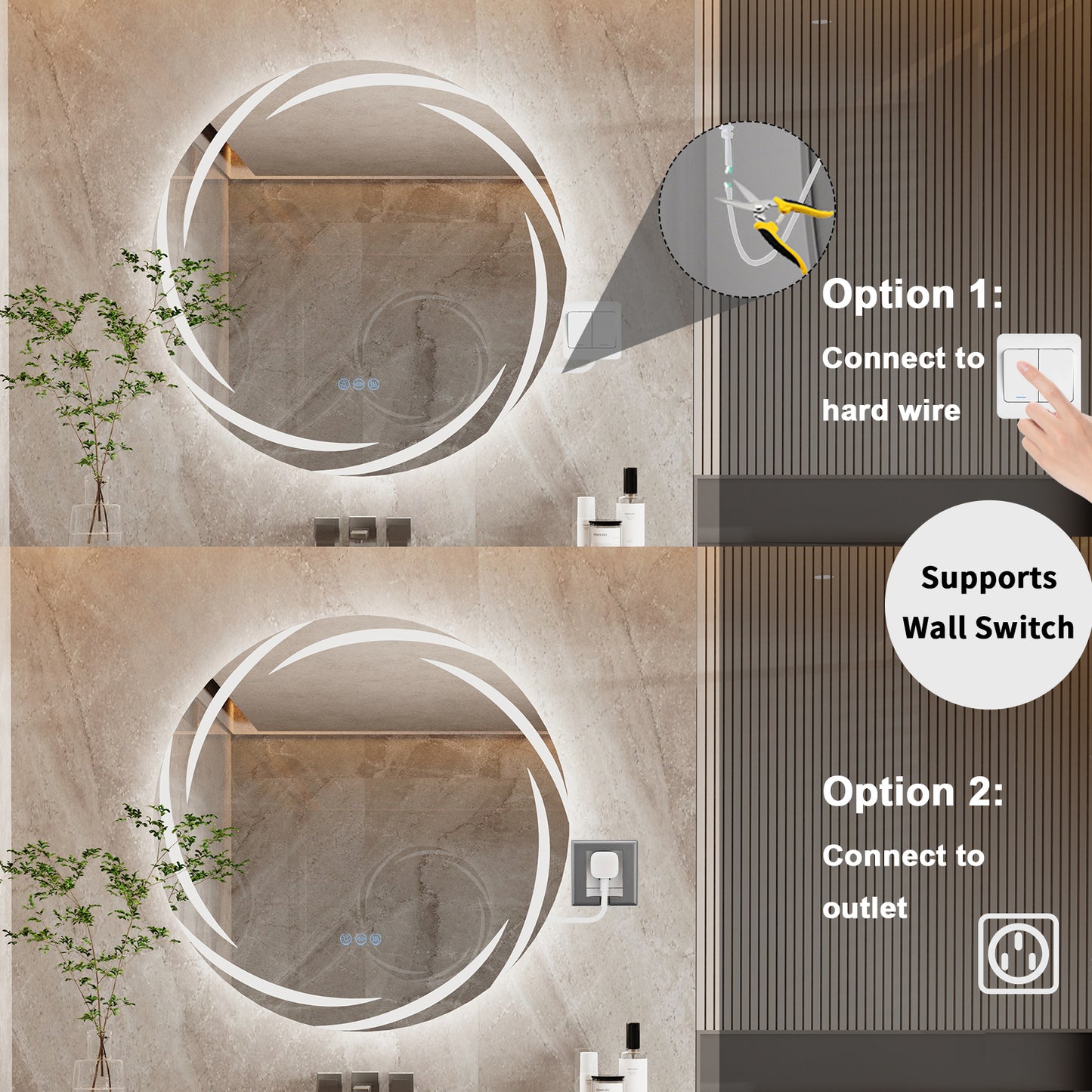 LUVODI Round LED Bathroom Mirror Dimmable Lighting 3 Colors Defogging Memory Function( Swirl style)