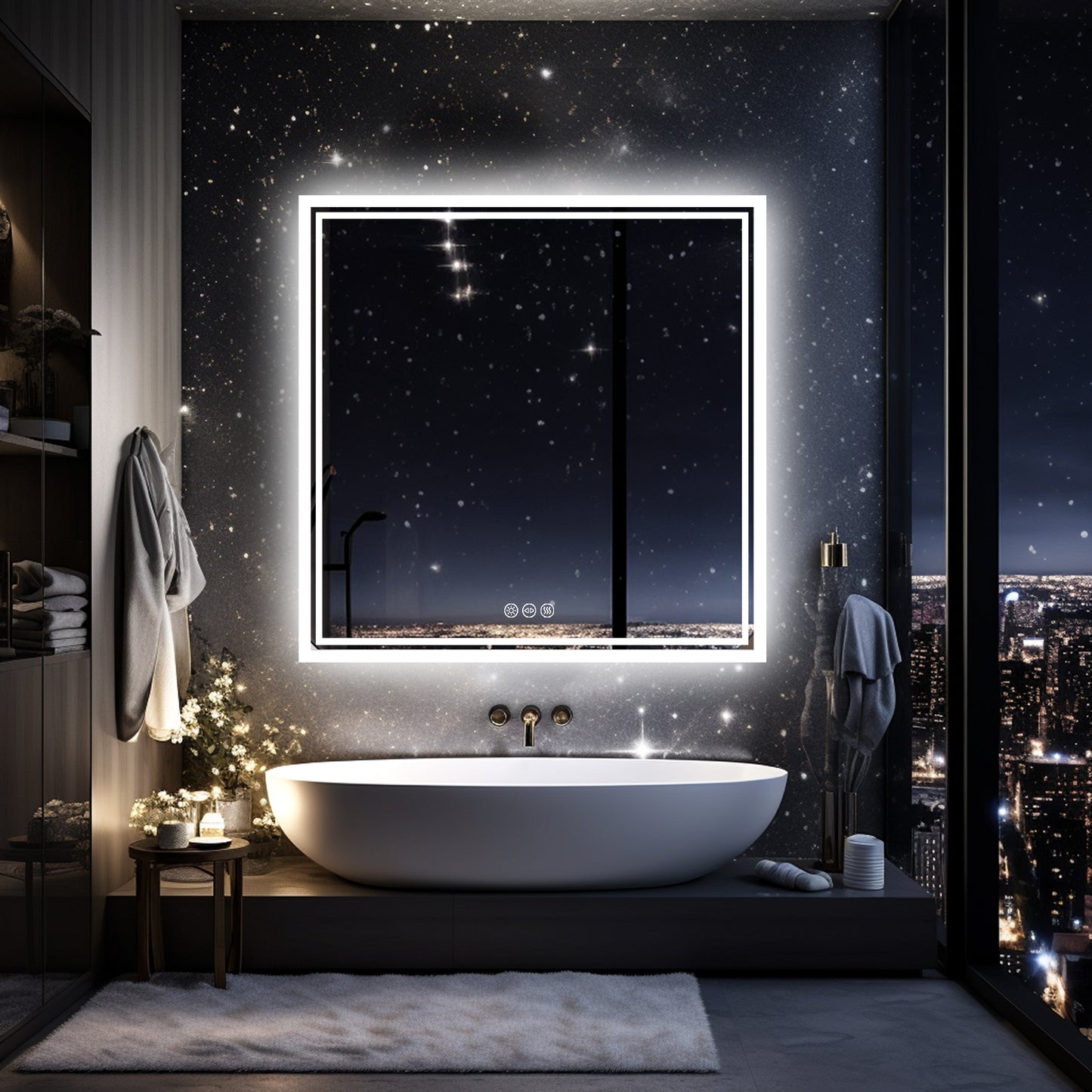 LUVODI 80x80cm Square LED Bathroom Mirror Anti-fog, 3-color Stepless Dimming(Glowing Outer Edge)