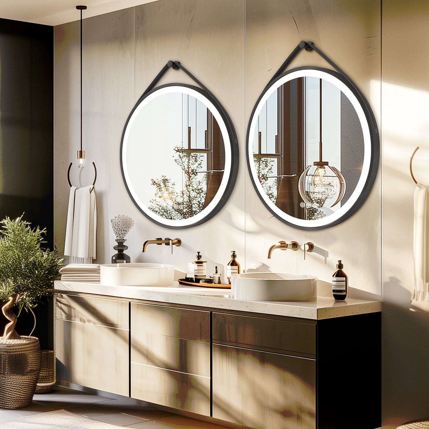 LUVODI Lighted Bathroom Mirror with Strap Round LED Bathroom Mirror