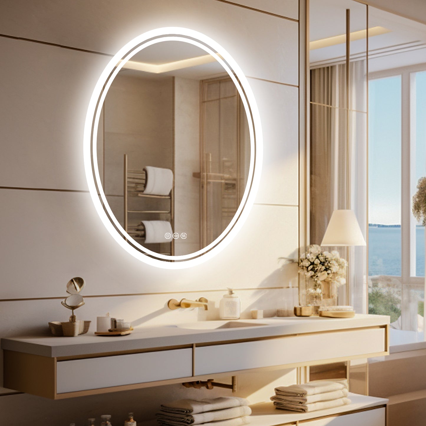 LUVODI Oval Illuminated Bathroom Mirror 3 Colors Defogging Smart Mirror(Glowing Outer Edge)