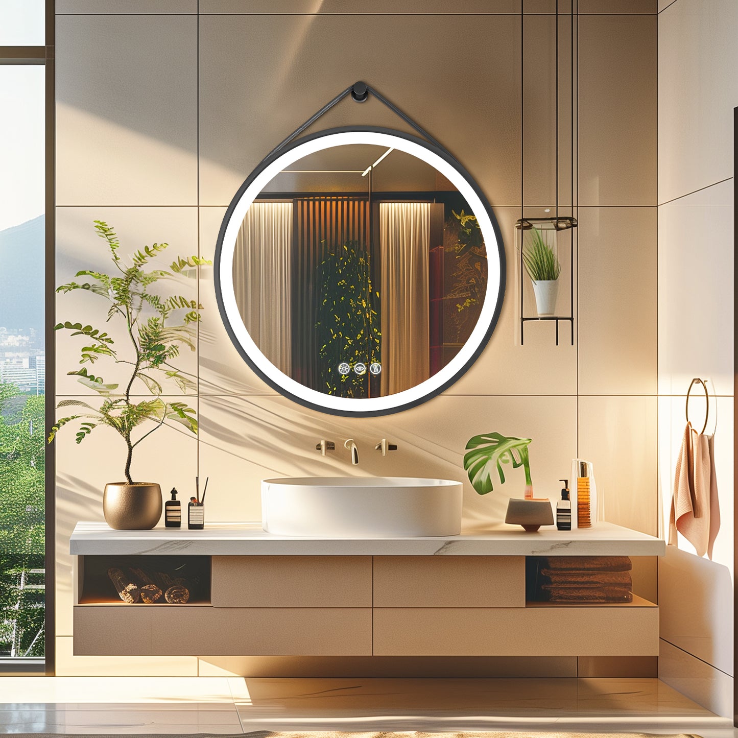 LUVODI Lighted Bathroom Mirror with Strap Round LED Bathroom Mirror