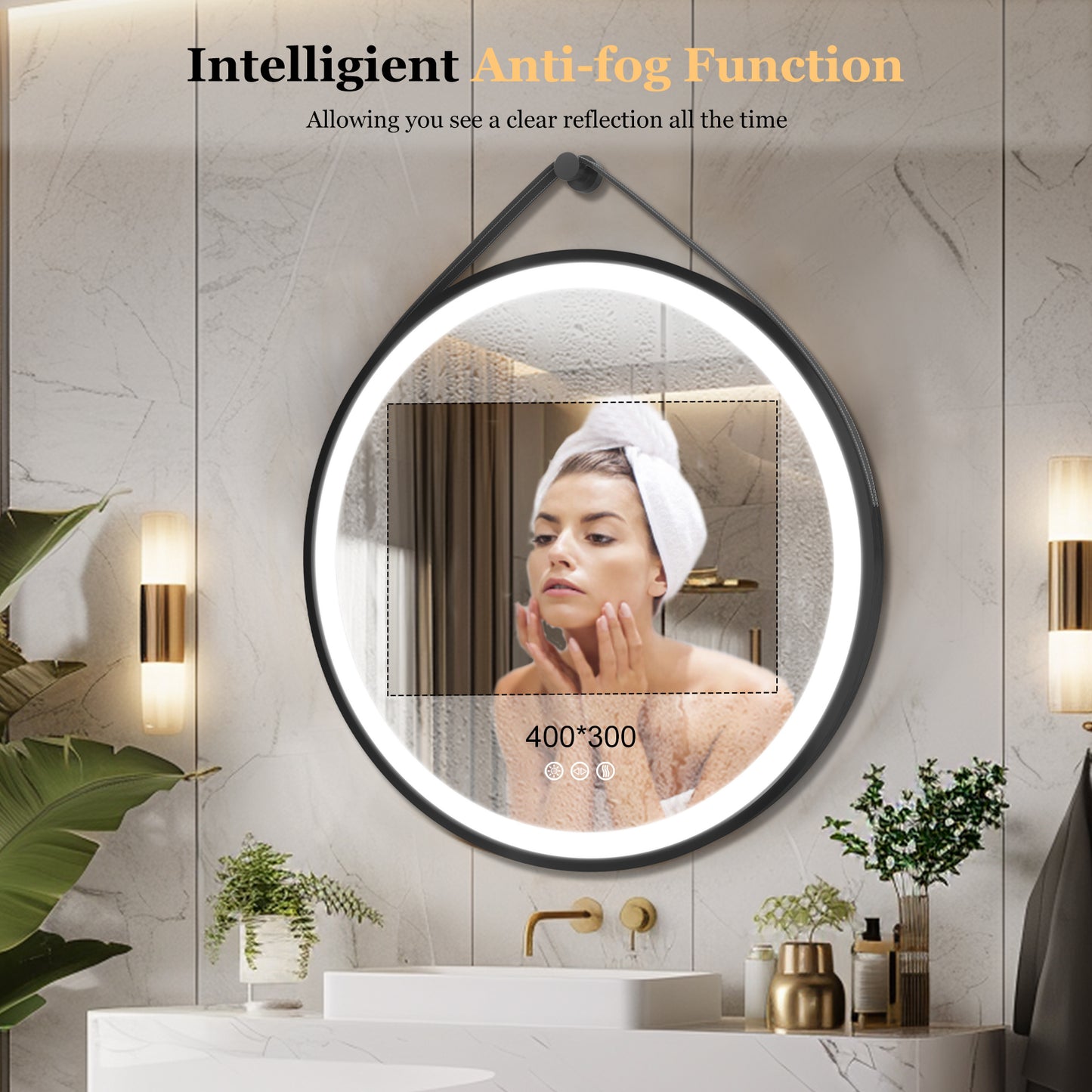 LUVODI Lighted Bathroom Mirror with Strap Round LED Bathroom Mirror