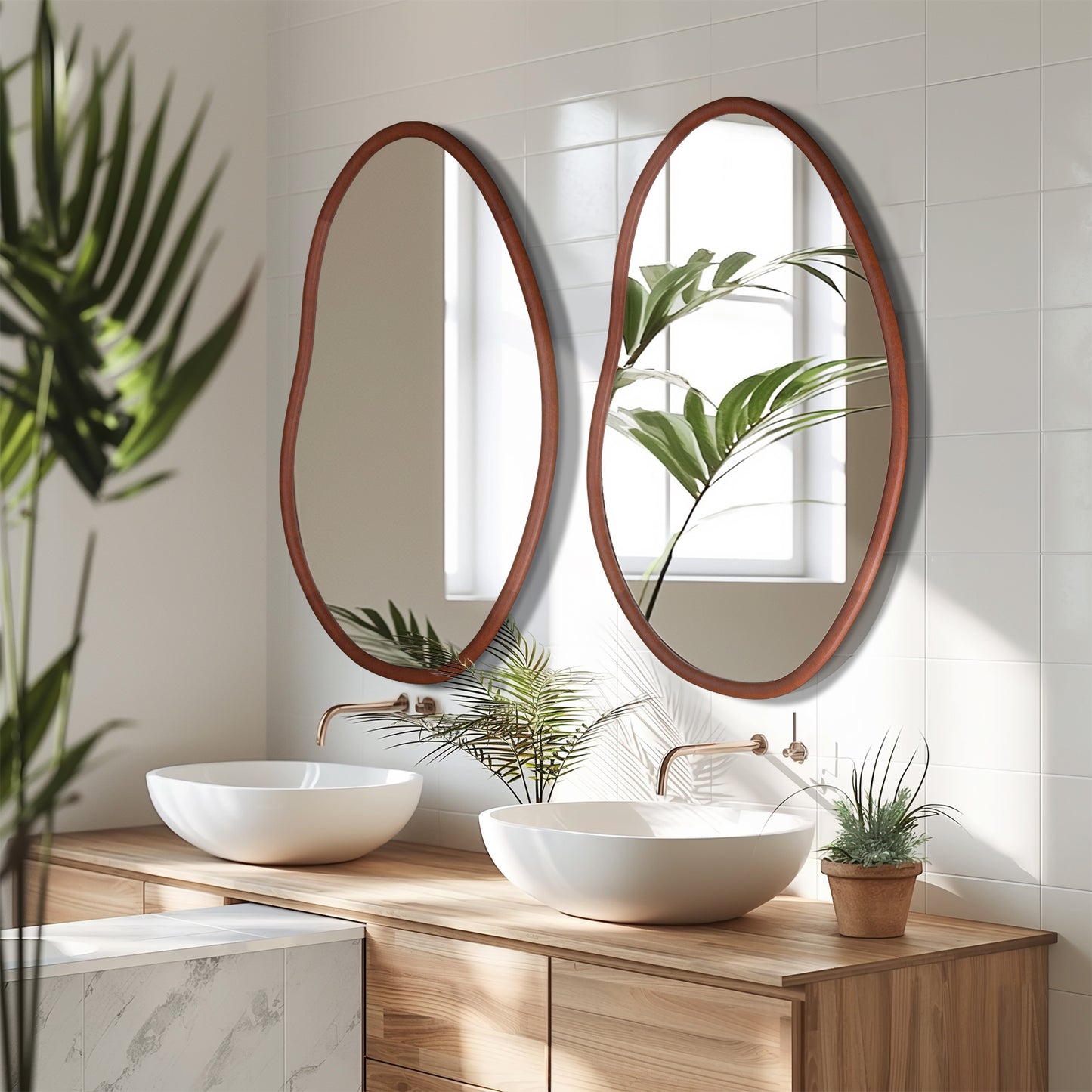 Mid Century Asymmetrical Wall Mirror Wood Frame Irregular Wall Mirror