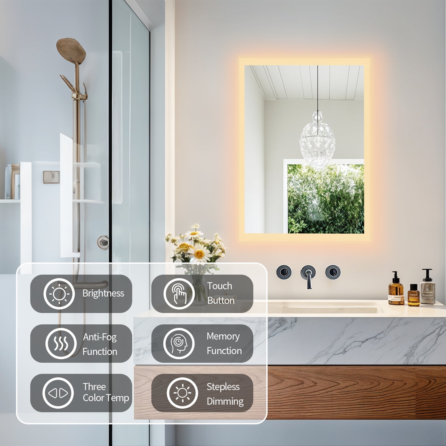LUVODI Rectangular LED Bathroom Mirror with Lights, 2 Buttons (Glowing Outer Edge)