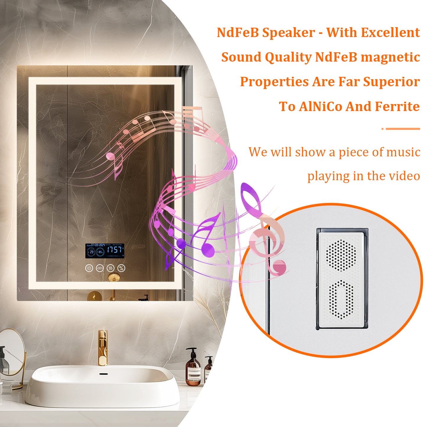 LUVODI LED Bathroom Mirror with Bluethooth Speaker Music Defogging Date & Time Display