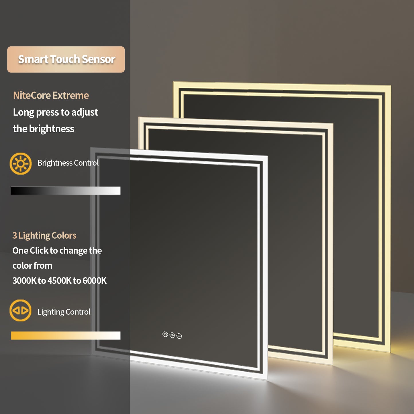 LUVODI 80x80cm Square LED Bathroom Mirror Anti-fog, 3-color Stepless Dimming(Glowing Outer Edge)