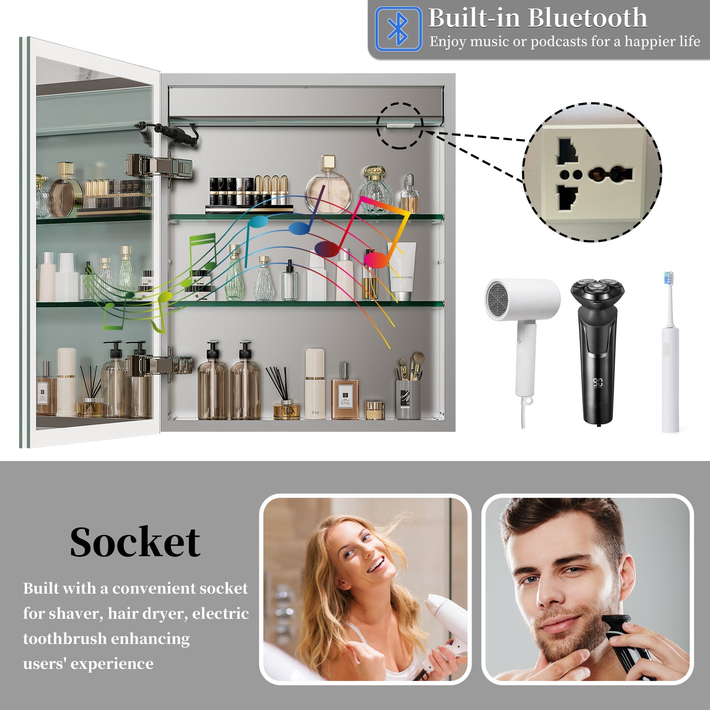 LUVODI LED Bluetooth Bathroom Mirror Cabinet, 500x600mm, 600x700mm, 3 colors, defogging