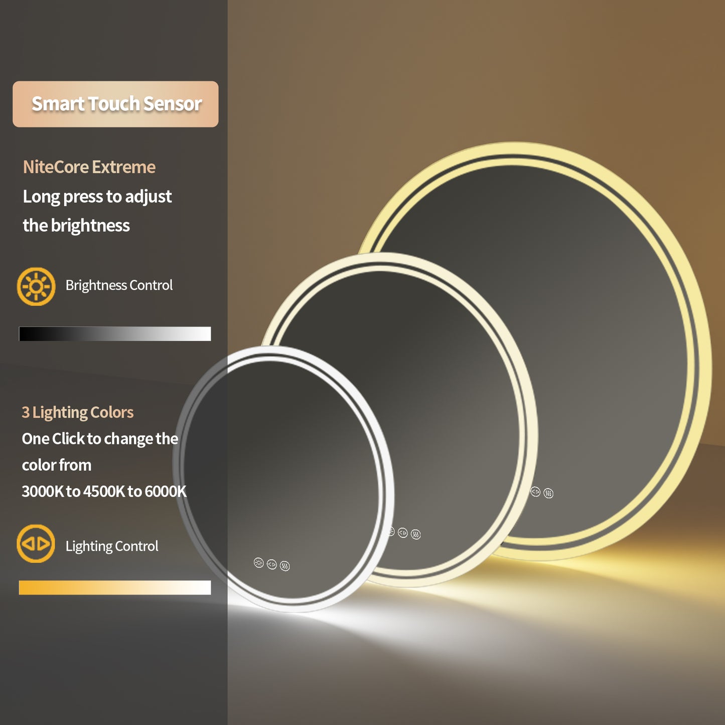 LUVODI Round Illuminated Bathroom Mirror 3 Colors Defogging Smart Mirror(Glowing Outer Edge)