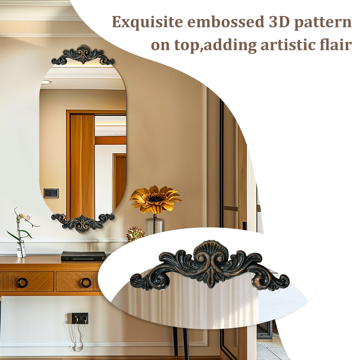 Long Oval Antique Ornate Wall Hanging Mirror Baroque Vanity Bathroom Mirror