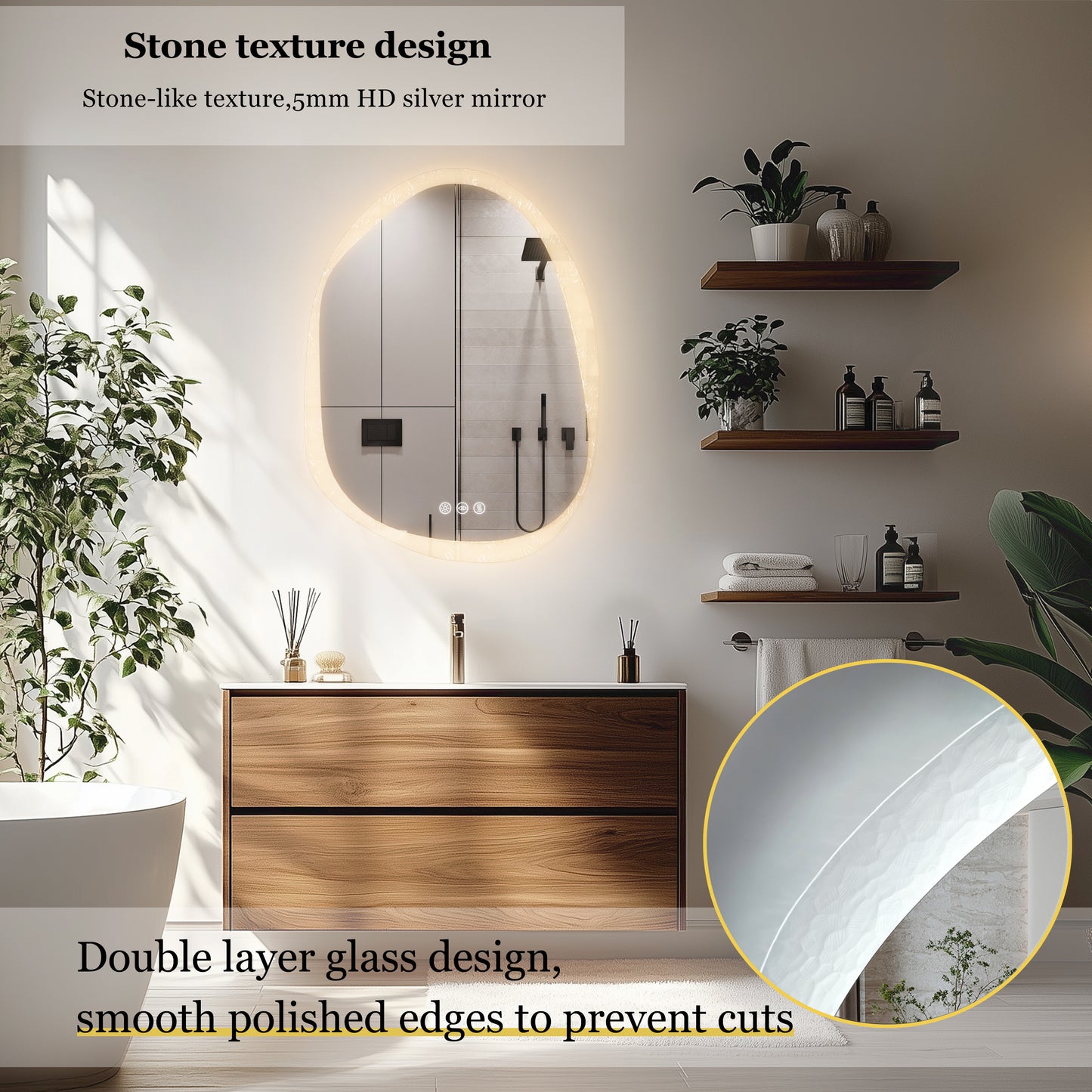 LUVODI Irregular Crystal Glass Wall Lighted Bathroom Mirror with Backlit Dimmable LED Vanity Mirror