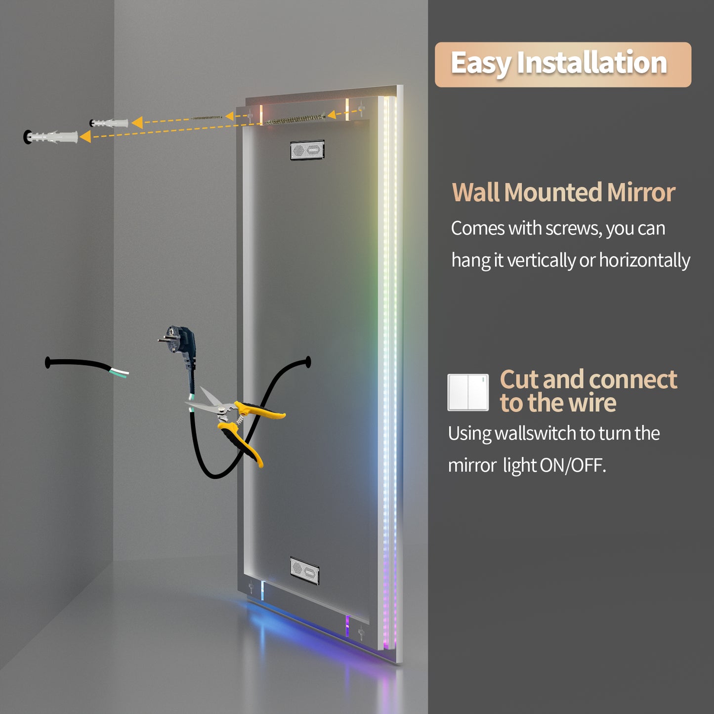 LUVODI Rectangular Bluetooth Bathroom Mirror with RGB Backlit, Smart Display Horizontal Hanging