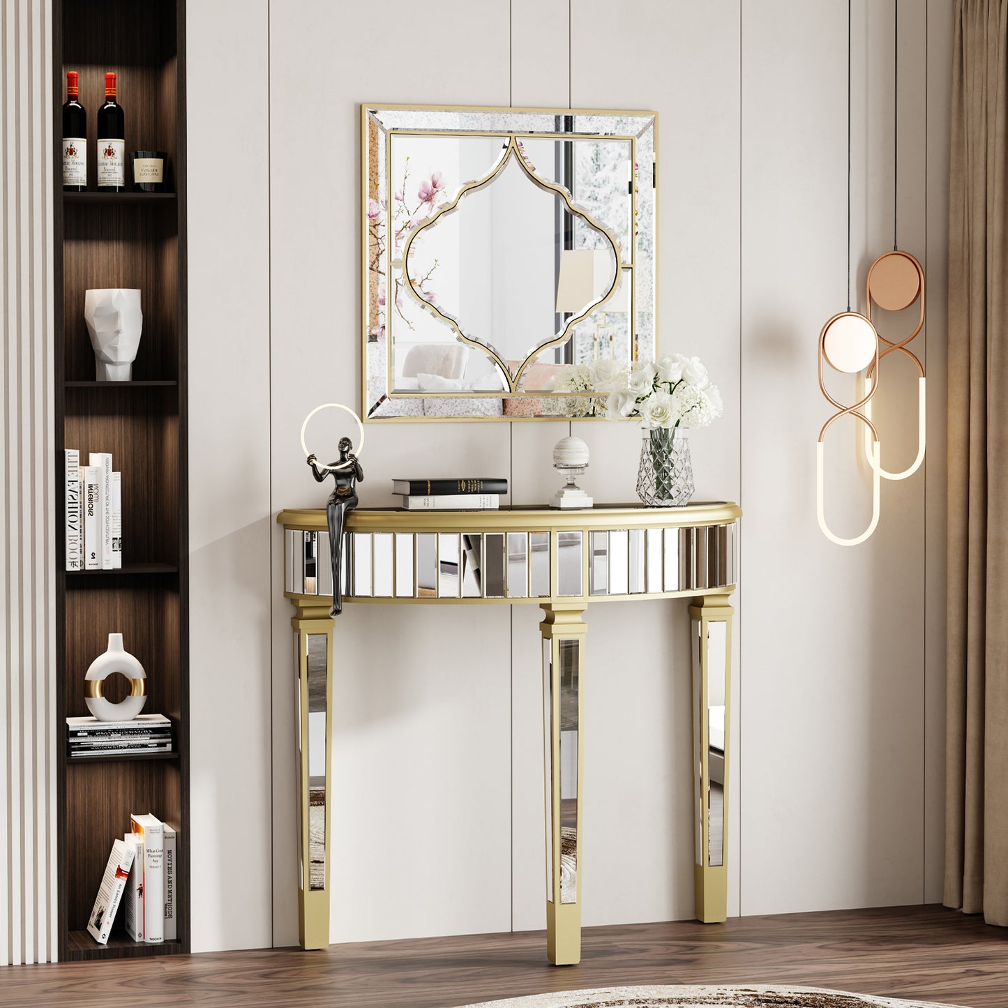 Elegant Square Wall Silver Glass Decorative Accent Mirror Golden Rim for Hallway