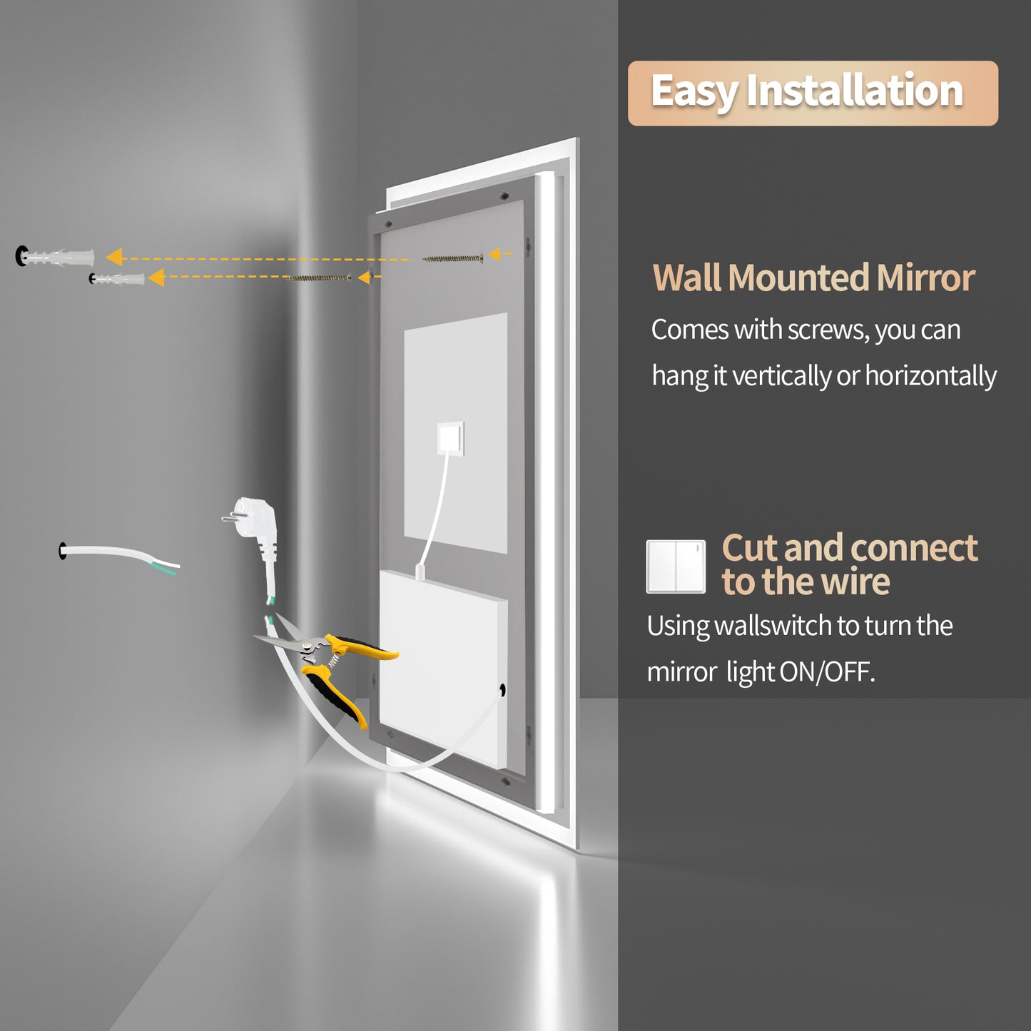 LUVODI 80x80cm Square LED Bathroom Mirror Anti-fog, 3-color Stepless Dimming(Glowing Outer Edge)