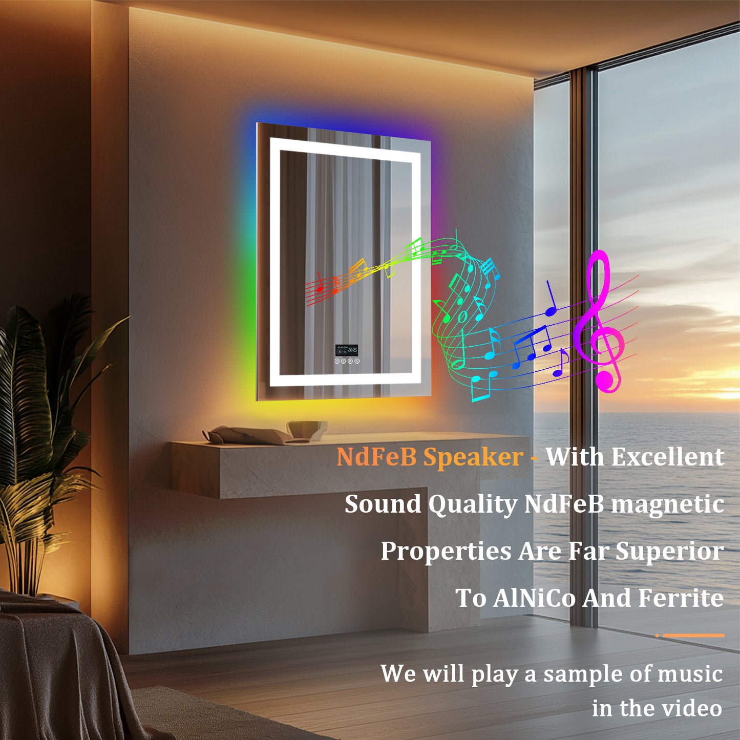 LUVODI Rectangular Bluetooth Bathroom Mirror with RGB Backlit, Smart Display Horizontal Hanging