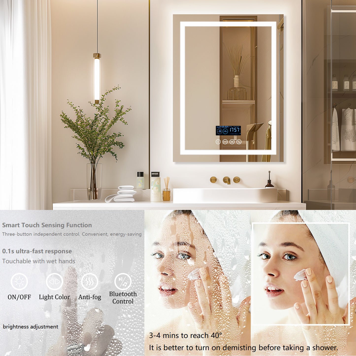 LUVODI LED Bathroom Mirror with Bluethooth Speaker Music Defogging Date & Time Display