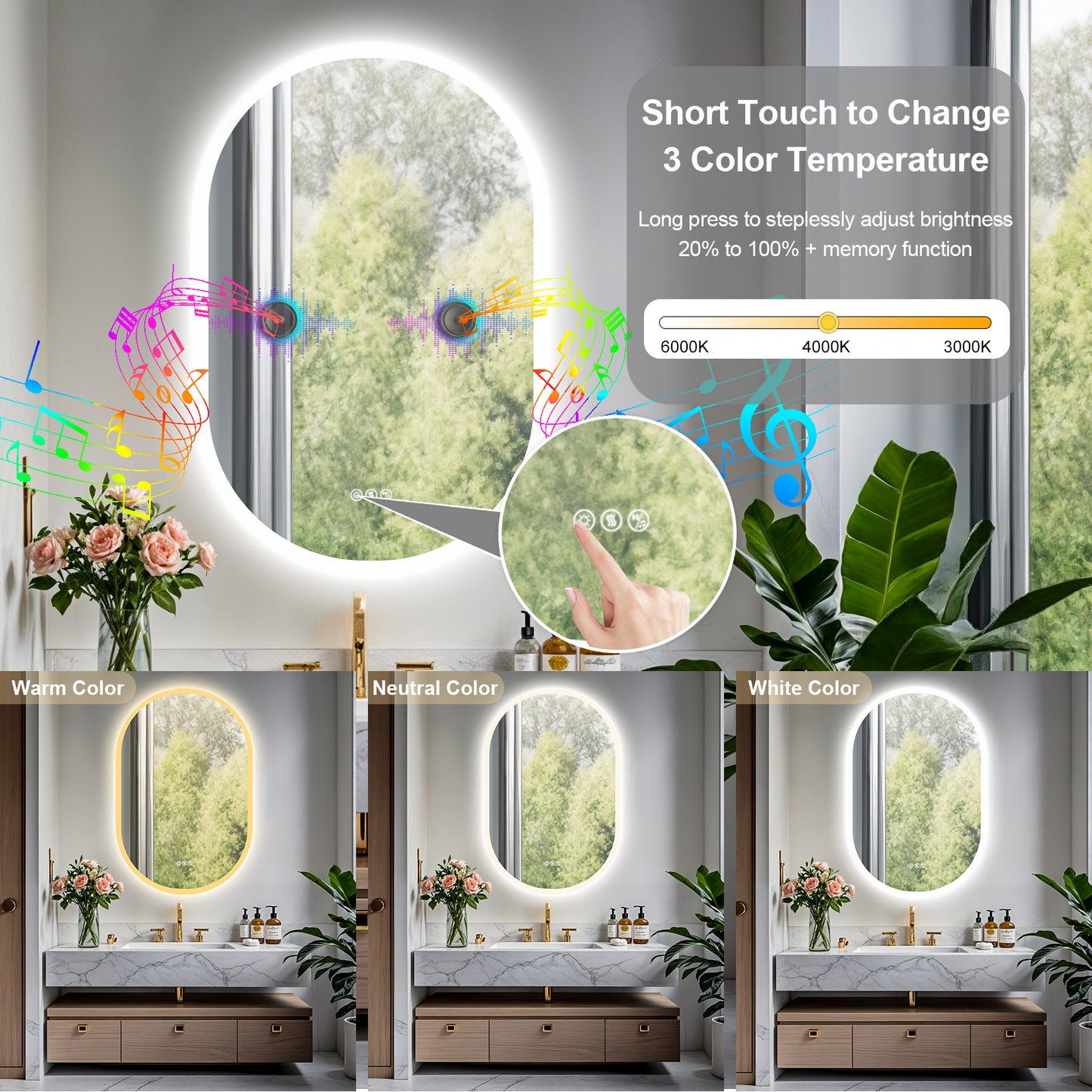 LUVODI Long Oval LED Bathroom Mirror with Bluetooth Speaker, No Display 23.62x35.43 in