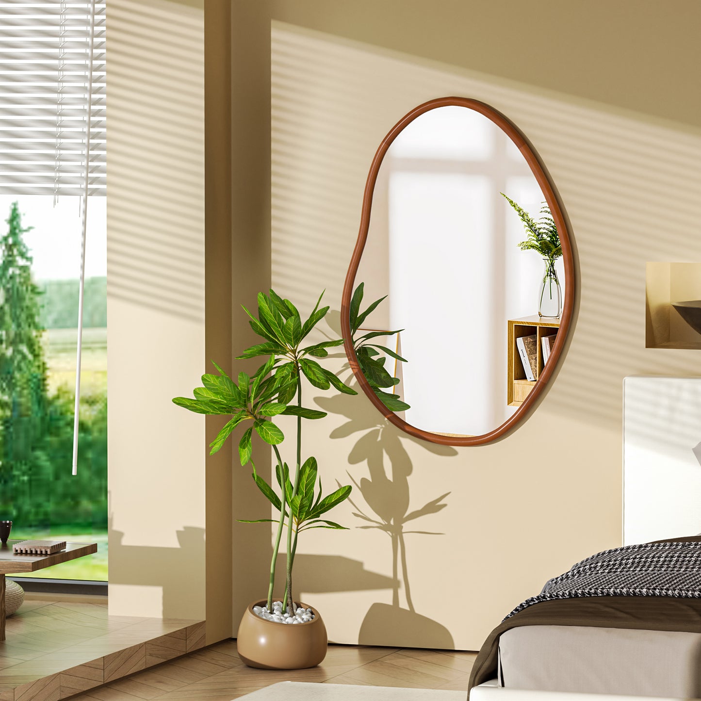 Mid Century Asymmetrical Wall Mirror Wood Frame Irregular Wall Mirror