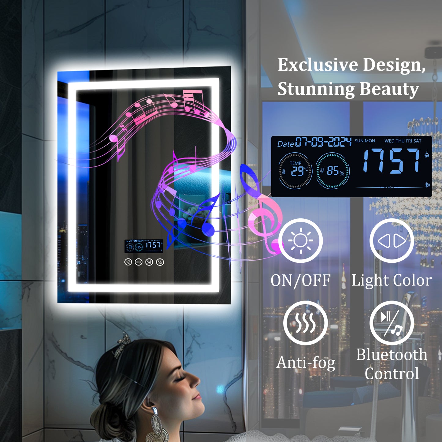LUVODI LED Bathroom Mirror with Bluethooth Speaker Music Defogging Date & Time Display