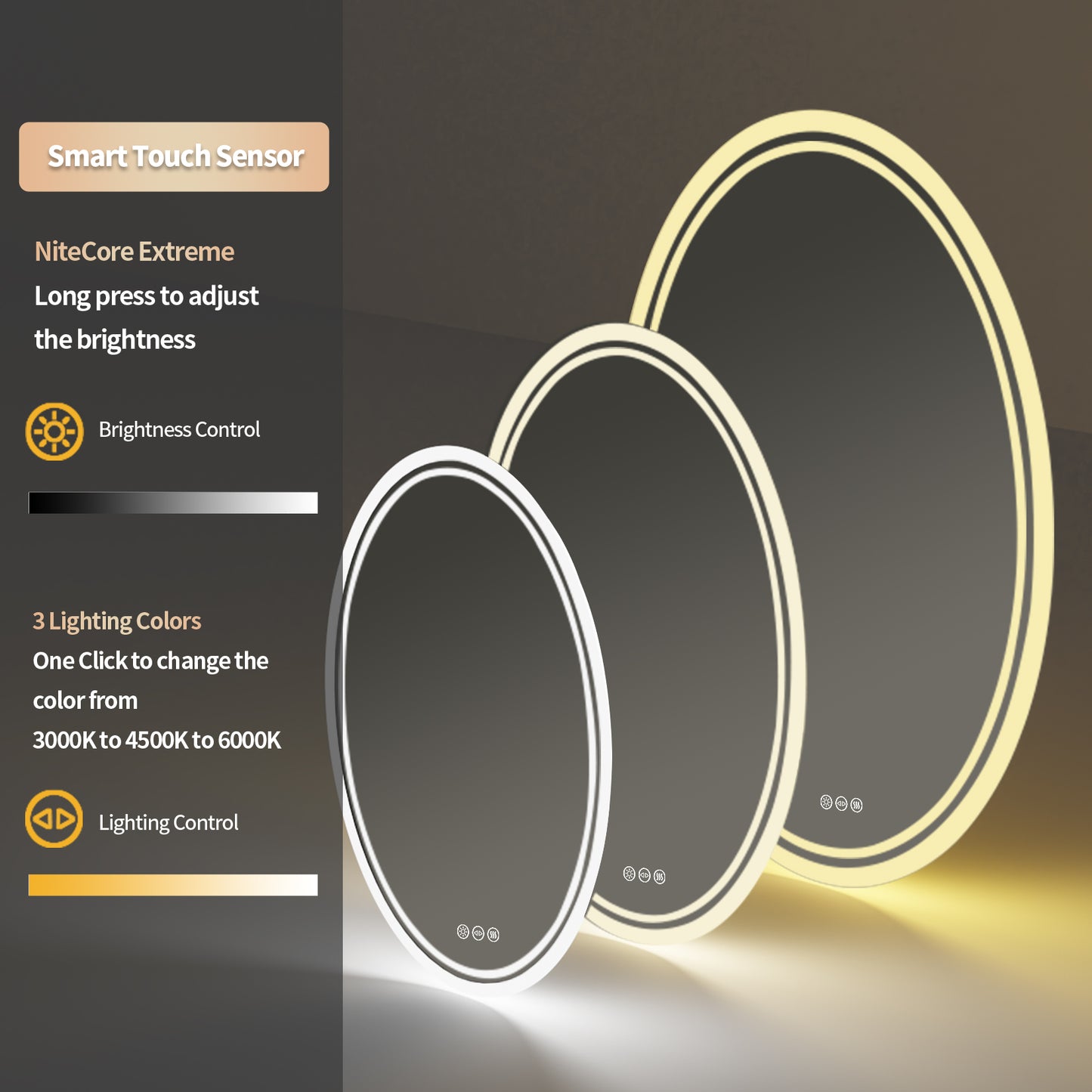 LUVODI Oval Illuminated Bathroom Mirror 3 Colors Defogging Smart Mirror(Glowing Outer Edge)