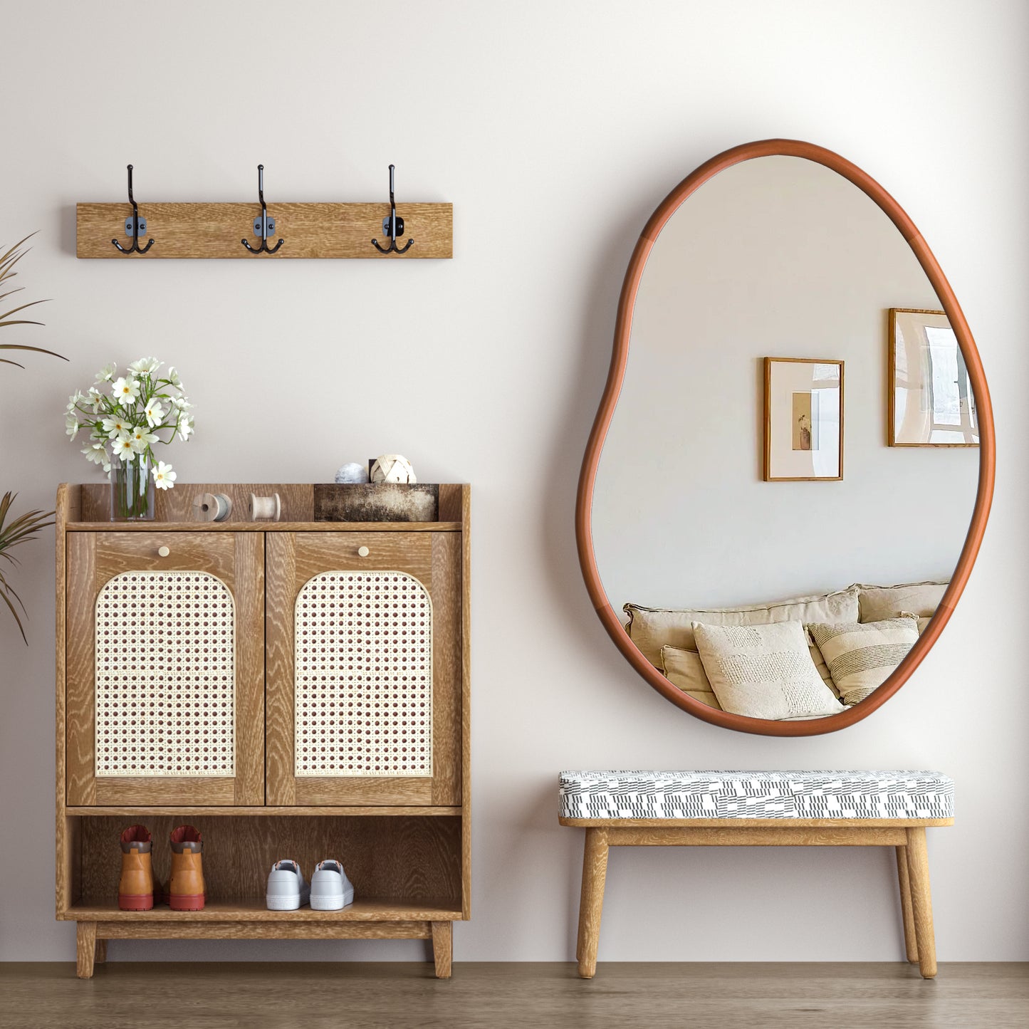 Mid Century Asymmetrical Wall Mirror Wood Frame Irregular Wall Mirror