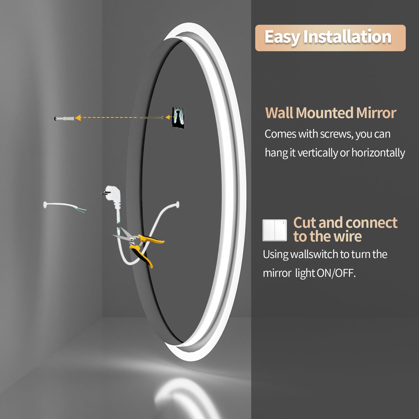 LUVODI Round Illuminated Bathroom Mirror 3 Colors Defogging Smart Mirror(Glowing Outer Edge)