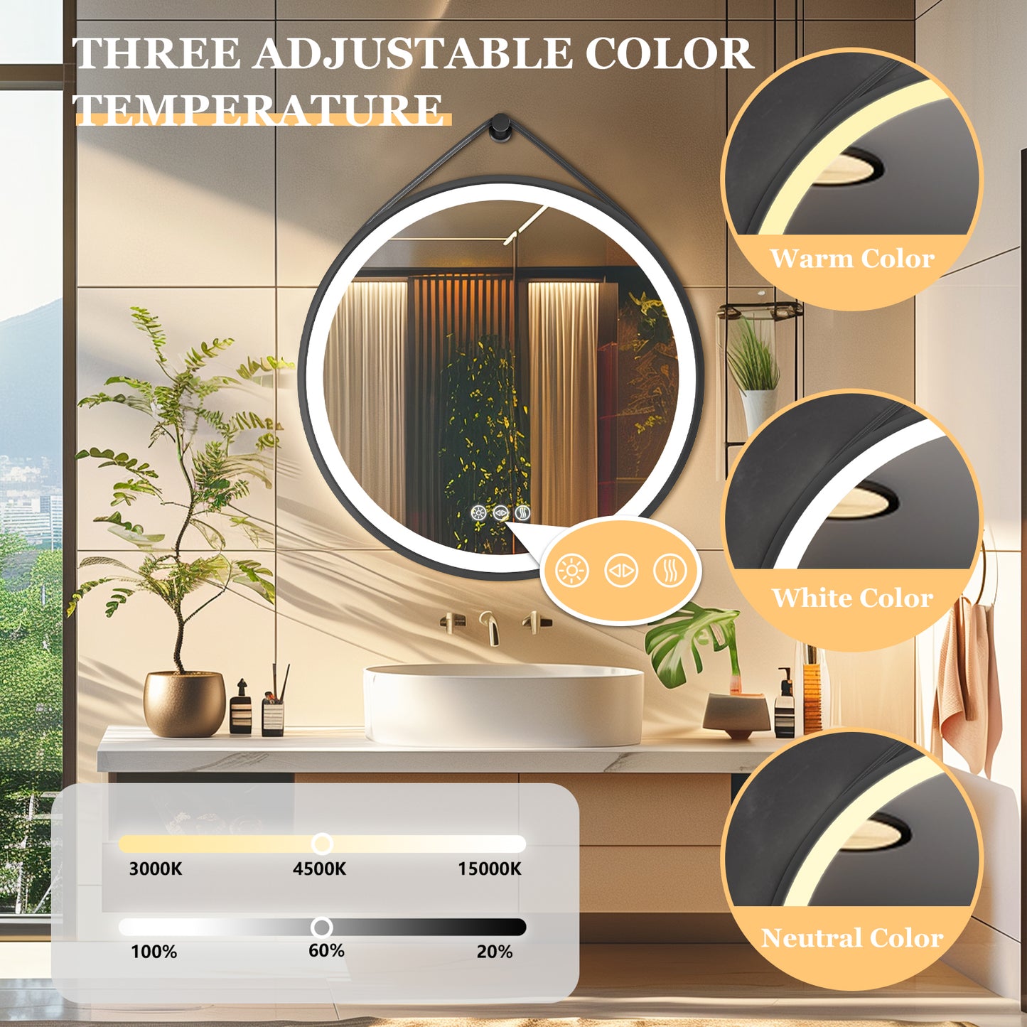 LUVODI Lighted Bathroom Mirror with Strap Round LED Bathroom Mirror