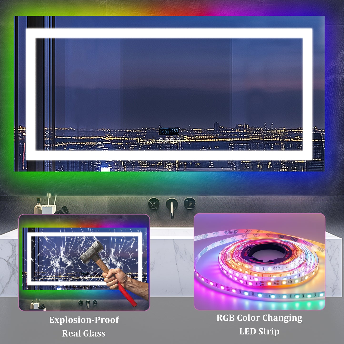 LUVODI Rectangular Bluetooth Bathroom Mirror with RGB Backlit, Smart Display Horizontal Hanging