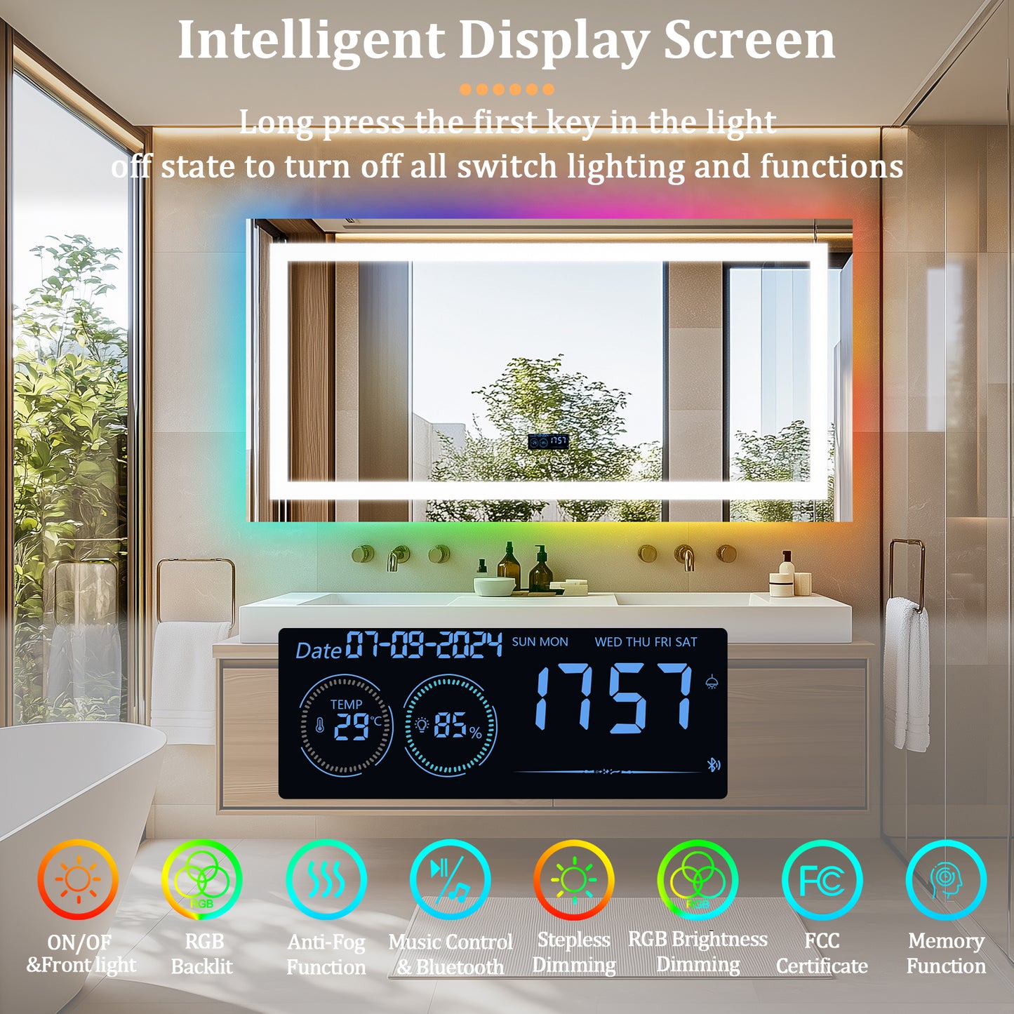 LUVODI Rectangular Bluetooth Bathroom Mirror with RGB Backlit, Smart Display Horizontal Hanging