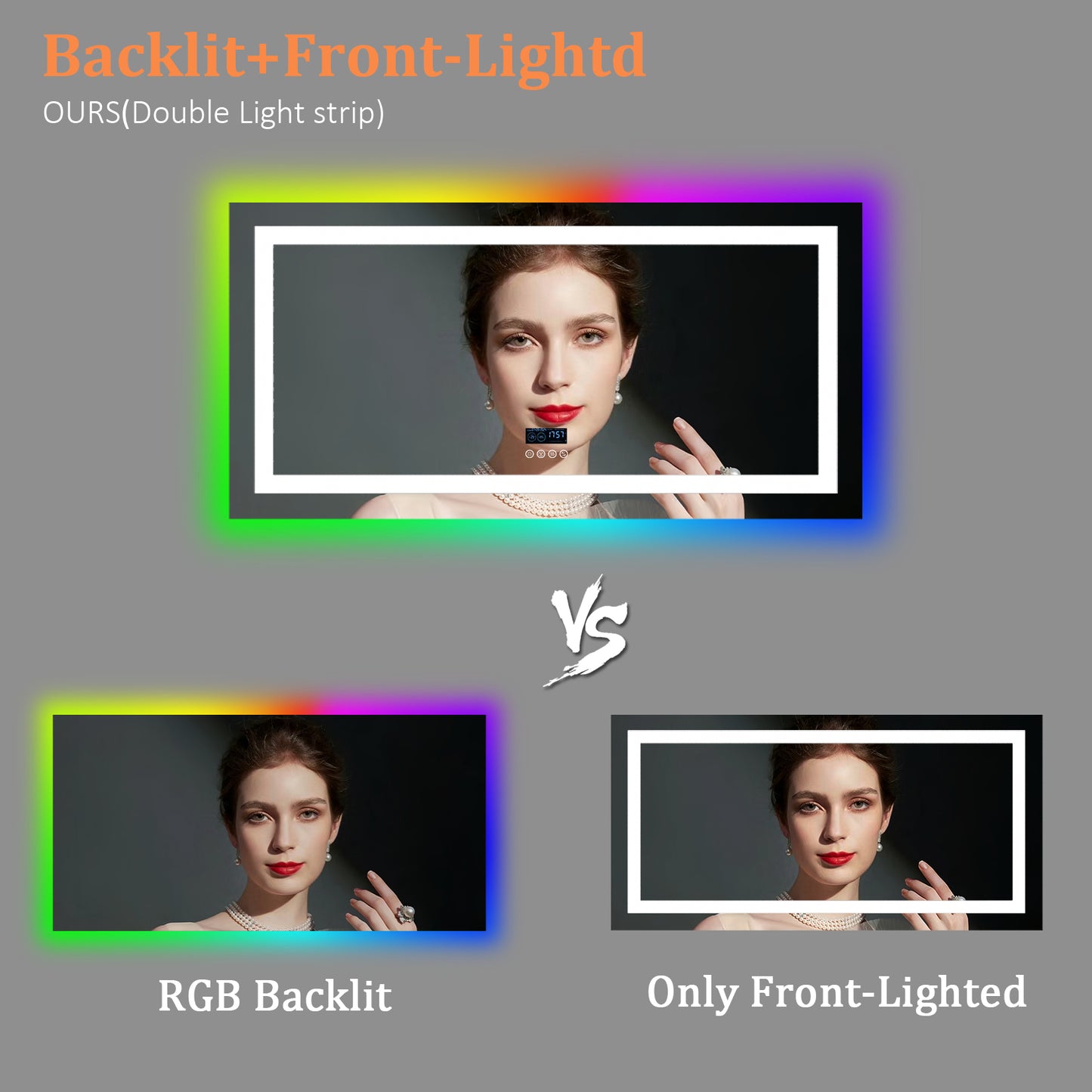 LUVODI Rectangular Bluetooth Bathroom Mirror with RGB Backlit, Smart Display Horizontal Hanging