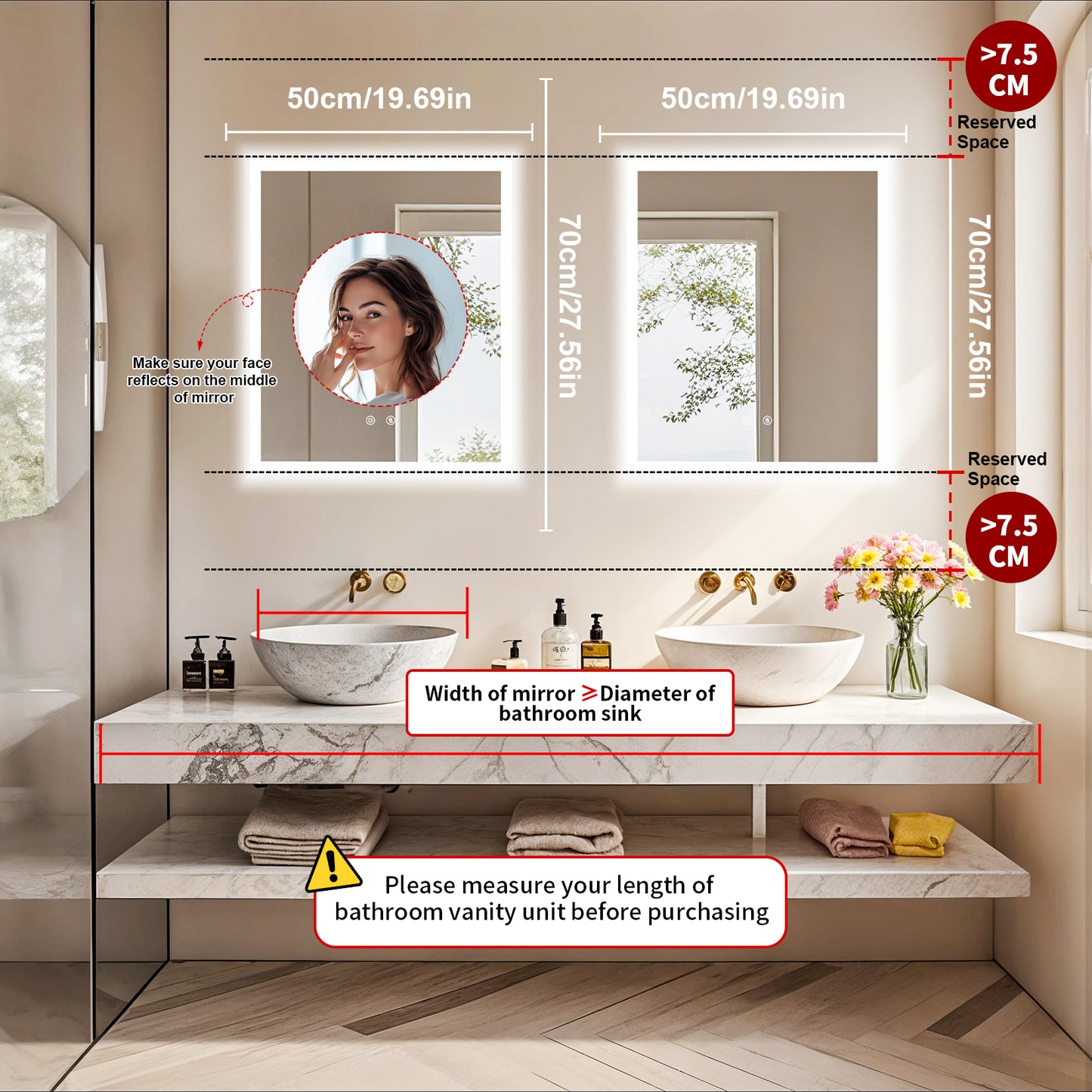 LUVODI Rectangular LED Bathroom Mirror with Lights, 2 Buttons (Glowing Outer Edge)
